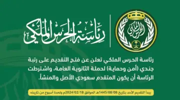 رابط التقديم على وظائف الحرس الملكي 1445 رتبة جندي أمن وحماية .. الشروط وخطوات التقديم