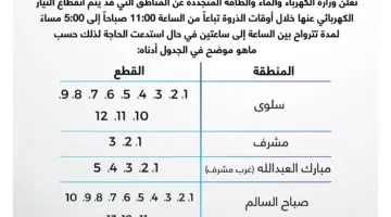 "من ساعة إلى ساعتين".. الكويت تعلن أسماء 63 منطقة قد يشملها جدول قطع الكهرباء خلال فترة الذروة اليوم