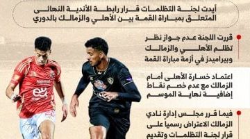أزمة مباراة القمة: لجنة التظلمات تدعم قرار الرابطة ويزداد تصعيد الزمالك.. إنفوجراف